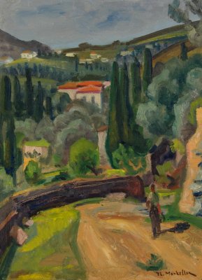 Painter in Ravines (Pinakis) — Oil painting, Fiberboard, 30.00×40.00cm — Theodoros Markellos